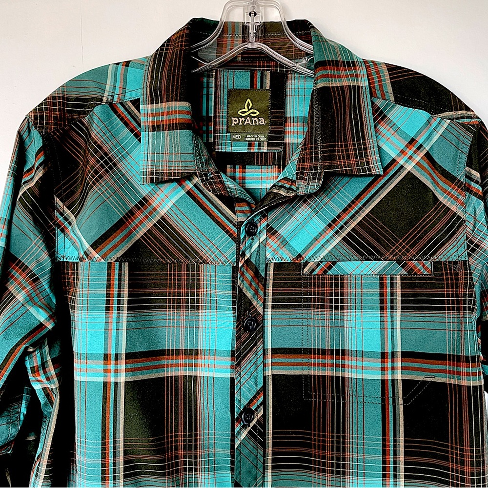 Prana Mens shirt, size medium, aqua blue, brown plaid.
